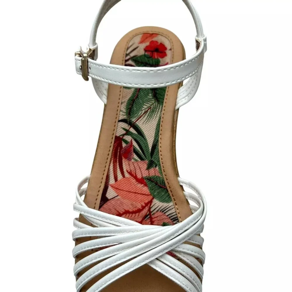 BOC Catalina Women's Platform Wedge Sandal Size 8 White/Tan‎ Glossy Straps Twist